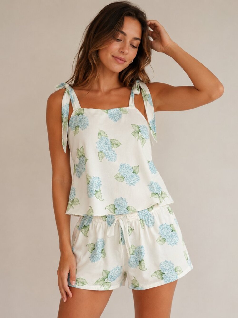 Seline Lounge Hydrangea Pajama Set Medium Floral Tie Strap Shorts